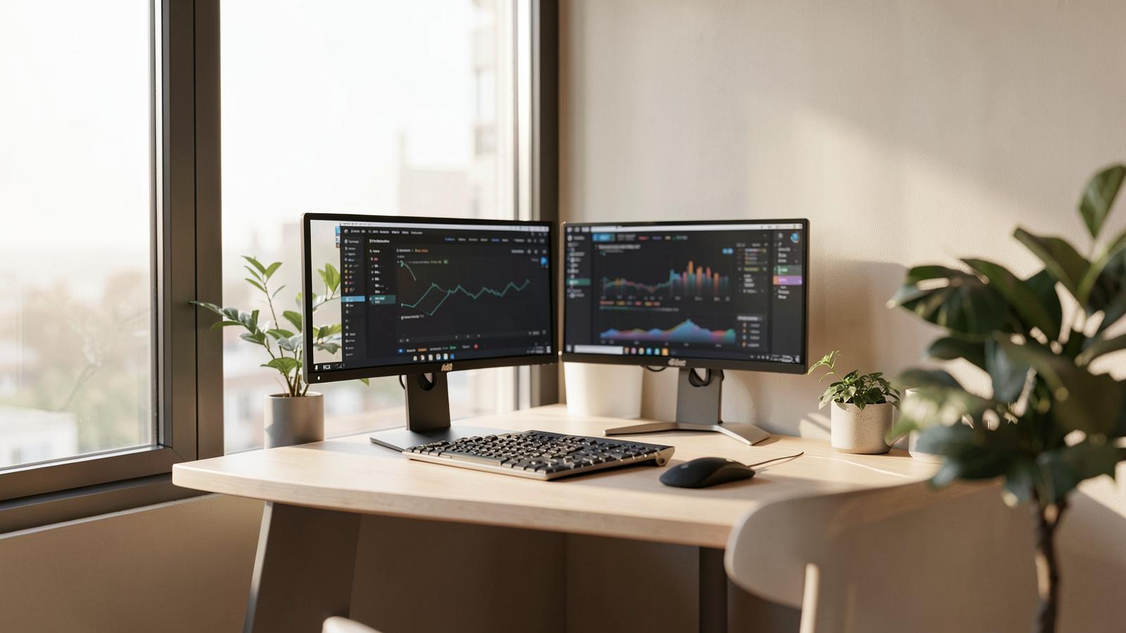 Two monitors displaying analytics dashboards